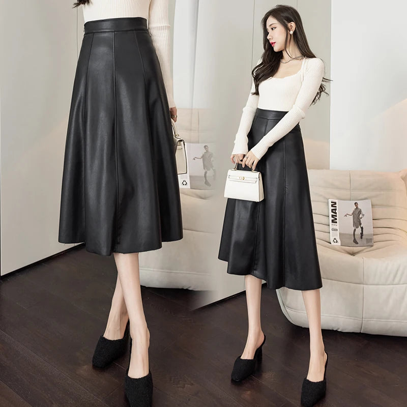 Leather Skirt Women 2025 Autumn Winter New Arrival High Waist PU Skirt Korean Style Maxi A Line Skirt For Women Hot Sale
