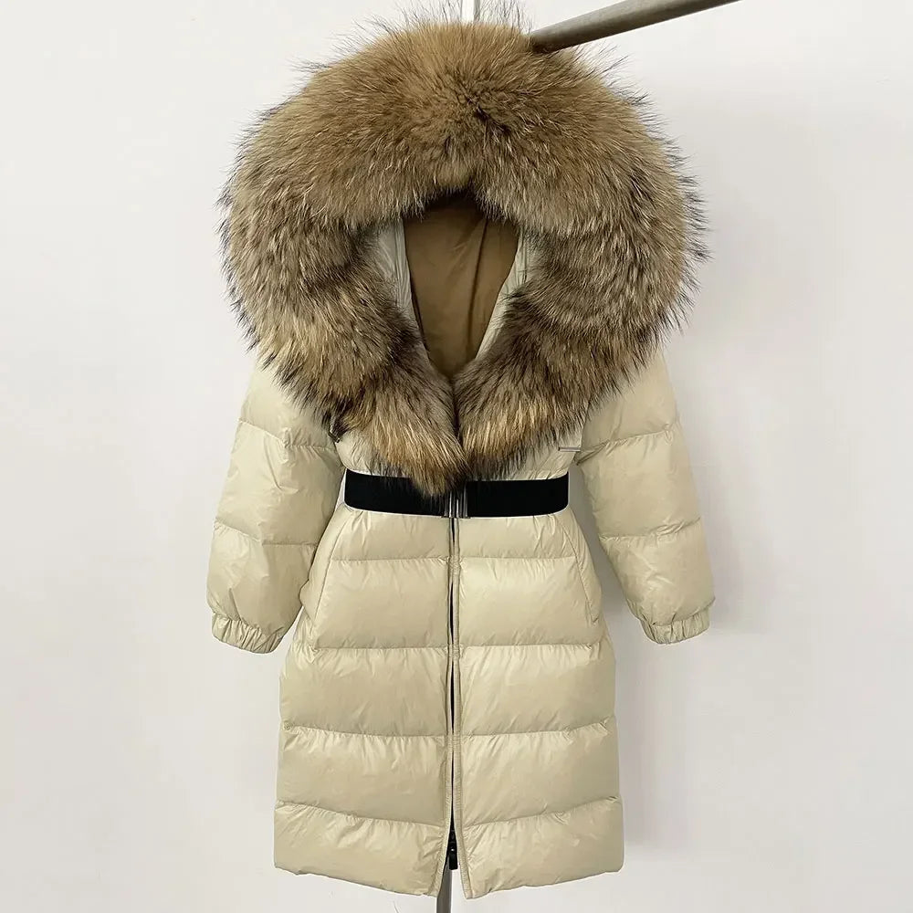 90% White Duck Down Coat New Natural Thick Warm Long Winter Jacket Women Real Big Fox Fur Collar Belt Loose Puffer Parka