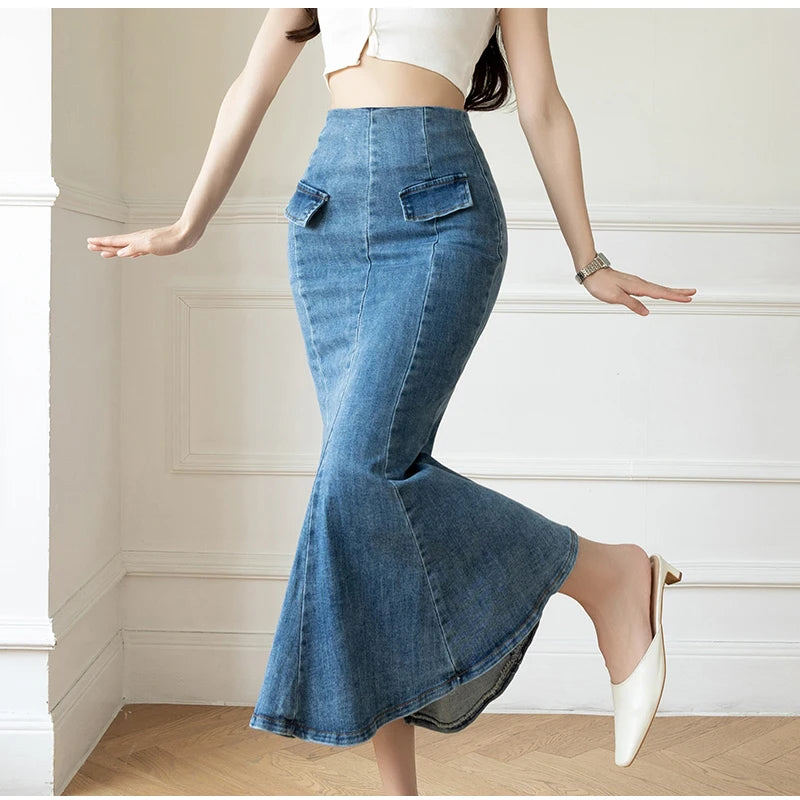 Elegant Casual Denim Jean Skirt for Women's High Waist Bodycon Ruffles Fishtail Skirts Fashion Trumpet Midi Length Skirts Female
