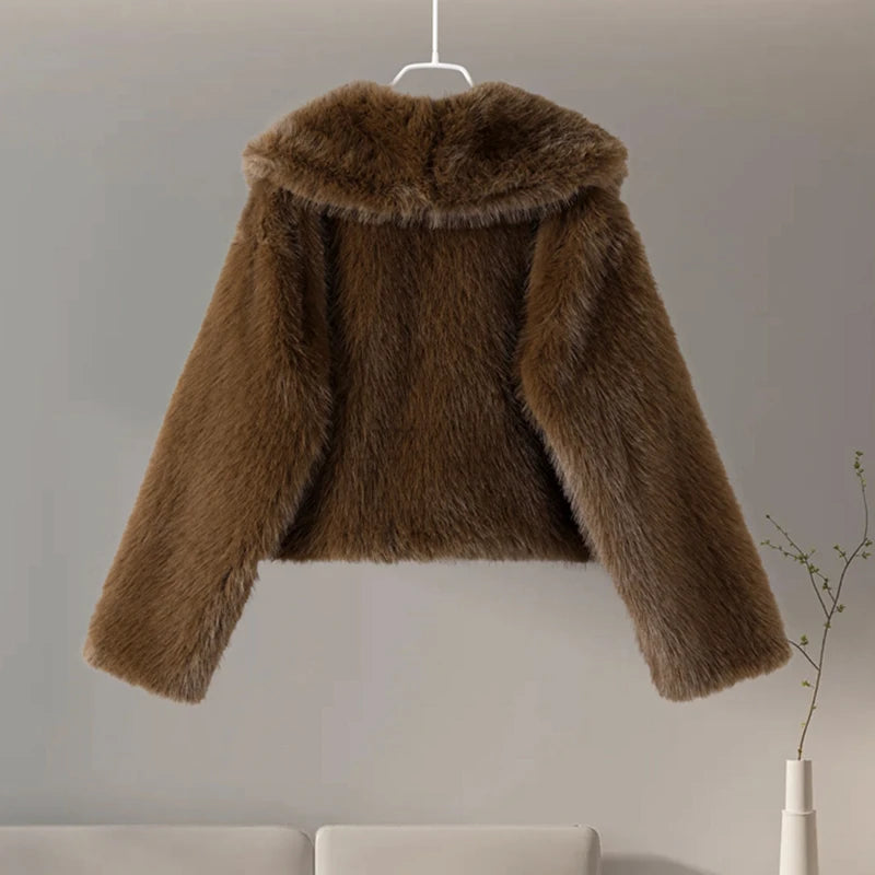 Street Faux Fur Women Coat Urban Full Sleeve Lapel Panelled Pocket Female Outwear 2025 Autumn Winter Elegant Lady Outwear