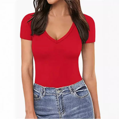 Bodysuit Women Sexy Slim Short Sleeve Bodycon Jumpsuit V Neck Rompers Overalls Body Shapers 2024 New