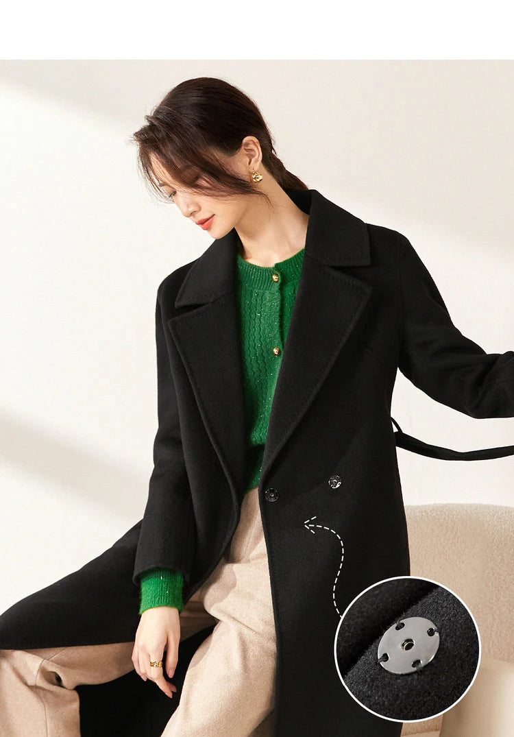 SENTUBILA Women 100% Wool Long Wrap Coat 2025 Elegant Notched Collar Belted Warm Double Faced Woolen Winter Overcoat W24O43352