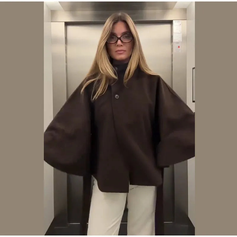 Elegant Lace Up Loose Fit Cape Coat Women's Autumn Winter Oversized High Neck Belted Wrap Jacket Fashion Warm Outerwear Outfit