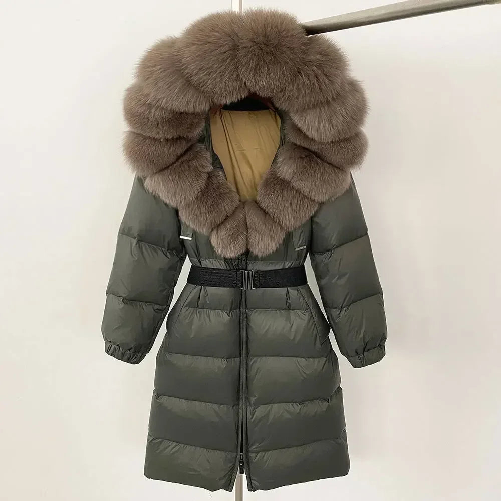 90% White Duck Down Coat New Natural Thick Warm Long Winter Jacket Women Real Big Fox Fur Collar Belt Loose Puffer Parka