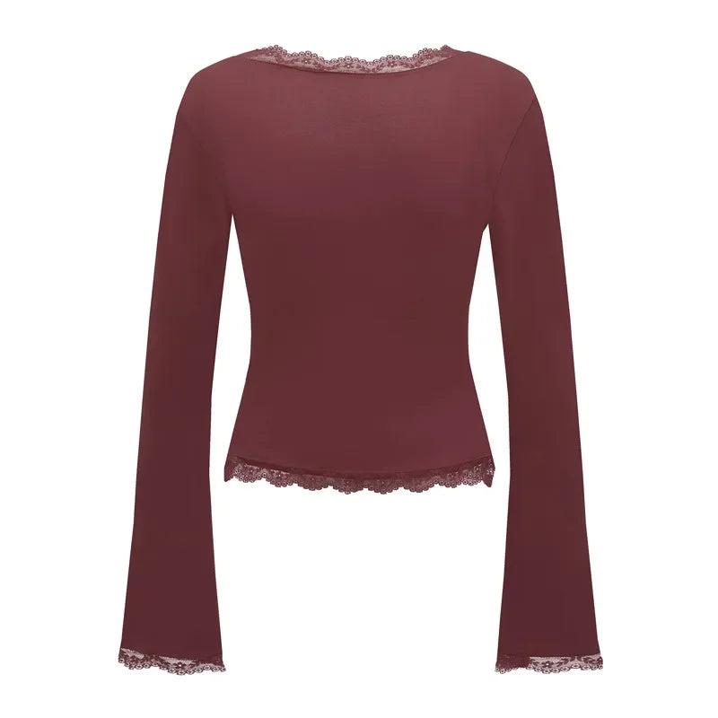 Women's Spring Lace Trim Tee Shirt Blouses Fashion Long Sleeve Square Neck Slim Trendy Party T-shirt Y2K Streetwear