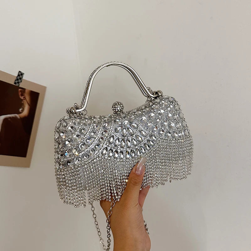 Gold Evening Clutch Bag For Women Luxury Diamond Party Purse Handbag Fashion Tassel Shoulder Crossbody Box Lipstick Bag Designer