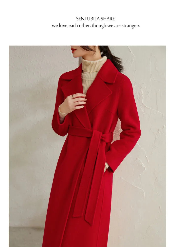 SENTUBILA Women 100% Wool Long Wrap Coat 2025 Elegant Notched Collar Belted Warm Double Faced Woolen Winter Overcoat W24O43352