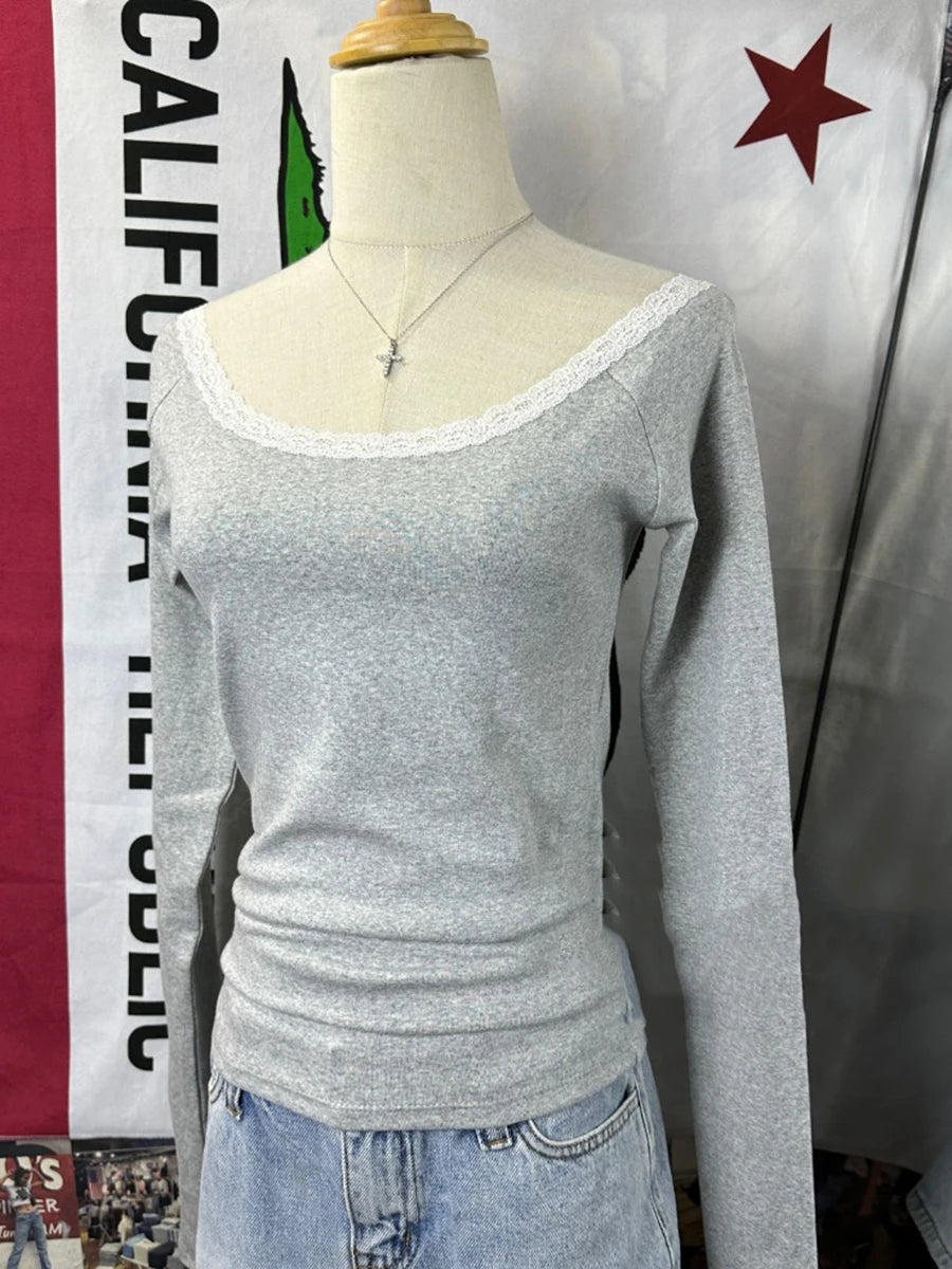 Sweet Lace Patchwork Cotton Long Sleeve Tees Women Casual Scoop Neck Slim Gray Tops Female Streetwear Vintage Y2K Chic T-shirts