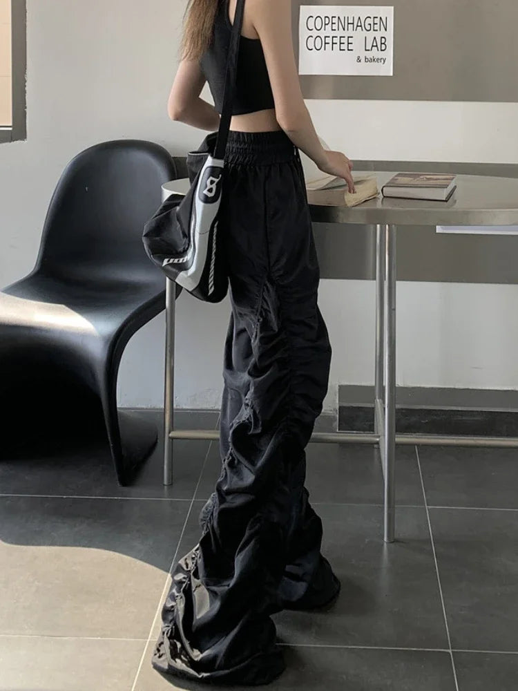 High Waisted Pants Women Black Joggers Casual Shirring Design Vintage European Style Personality Hip-hop Cool Girls Pantalones