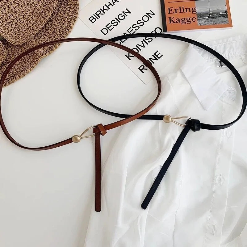 Women Belts Thin Golden Buckle PU Leather Strap For Dress Trousers Casual Black Ladies Female Designer Waistband