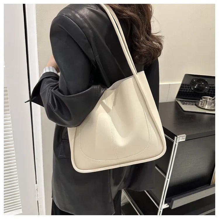 Women's Retro Tote - High-Quality Solid Color, Minimalist Large-Capacity Commuter Handheld/Single-Shoulder
