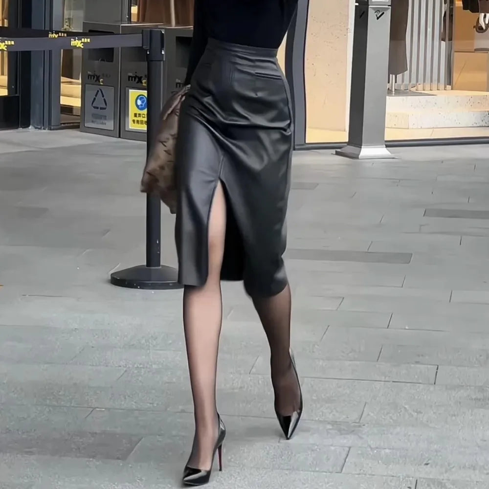 Real Leather Bodycon Skirts Women Spring High Waist Slim Midi-length Ladies Sexy Front Split Black Brown Split Sheepskin Skirts