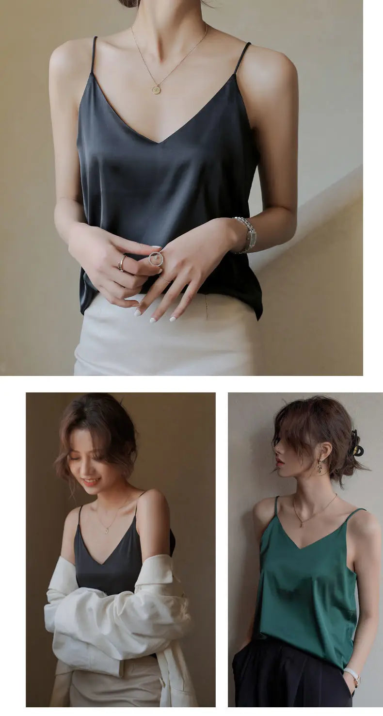 Spaghetti Strap Top Women Halter V Neck Basic White Cami Sleeveless Satin Silk 2025 Tank Tops Women'S Summer Camisole