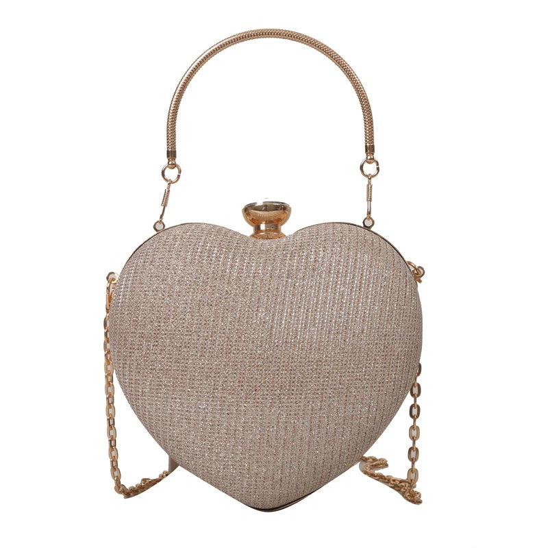 Evening Clutch Bag Women Bag Shiny Handbag Heart Shape Metal Clutches Bag Fashion Chain Shoulder Crossbody Bag Luxury Lady Purse