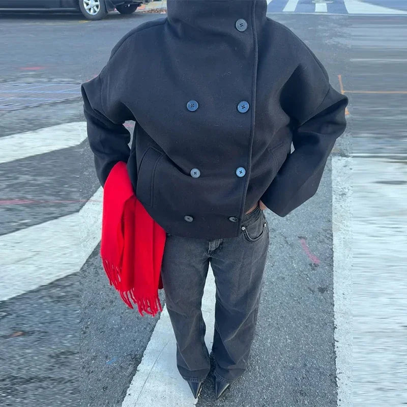 Elegant Women's Short Woolen Coats Loose Stand Collar Double Breasted Pocket Full Sleeve Jacket 2025 Autumn Lady Street Outwear