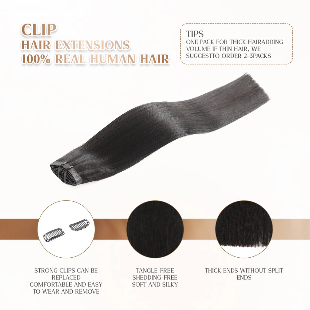 WACUR Yaki And Straight Real Person Clip on Hair 100% Natural Virgin Hair, 110g/6pcs, Invisible Seamless Weft Braided Hair