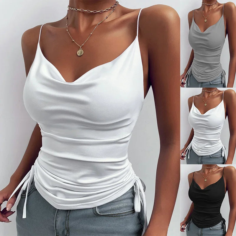 Women's Solid Tank Top V Neck Camisole Cami Drawstring Spaghetti Strap Top Sleeveless Blouse Tank Shirt New Summer Crop Top