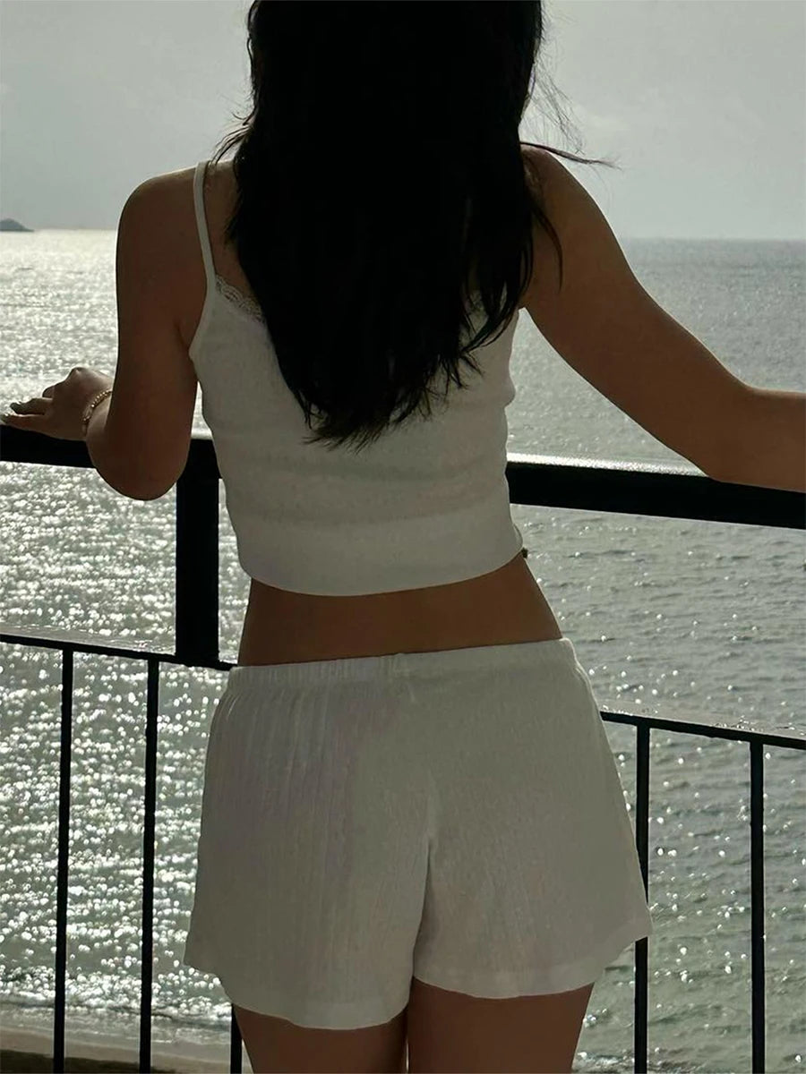 Women s Summer Loungewear Set Lace Trim Cami Tops with Elastic Waist Button Shorts 2 Pieces Pajamas