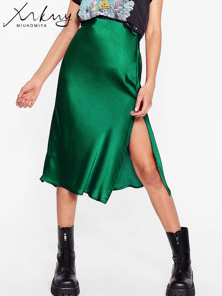 Green Satin Midi Skirts For Women Summer Elastic High Waist A Line Slit Skirt Midi Satin Silk Women Skirt With Slit Summer 2024