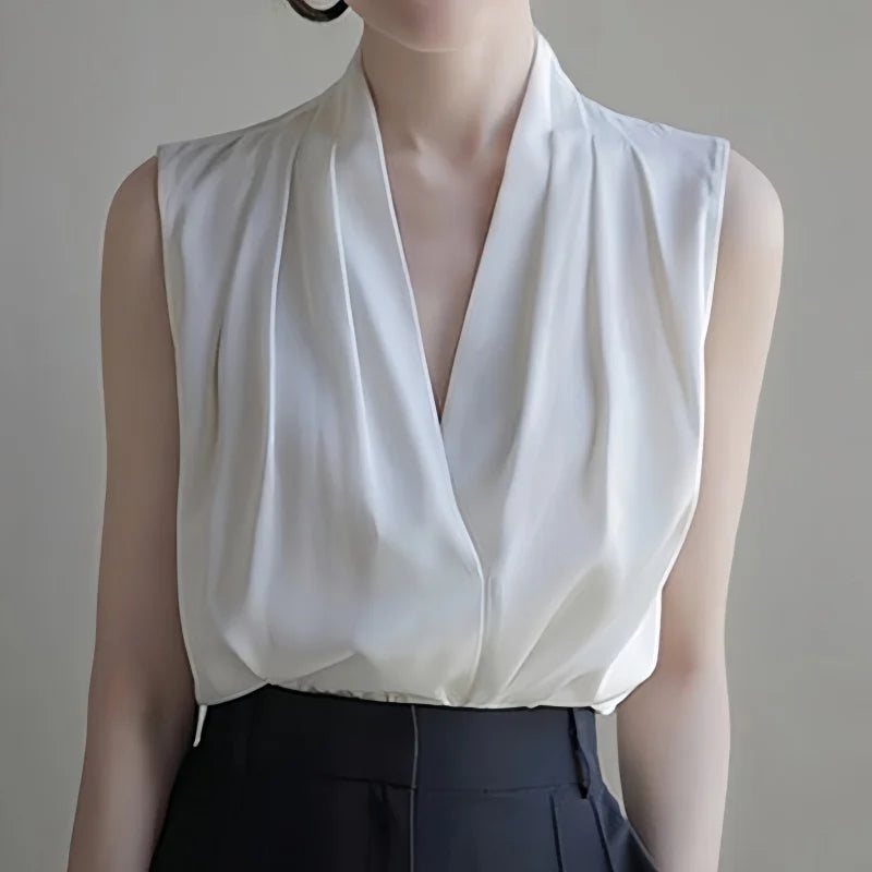 2025 New Summer Satin Tank Top Women's Blouses Sleeveless Solid Cross V-neck Casual Korean Elegant Vest Shirts for Womens