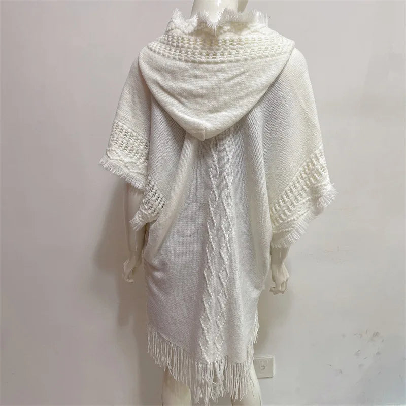 Hooded Crochet Cloak Poncho Shawl - Boho Chic Fringed Knit Wrap for Women, Spring-Autumn Versatile Outerwear