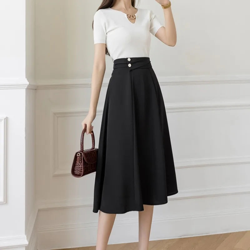 Women's Skirts High Waist Sweet Girl's Mid-calf Skirt Solid Skirts for Women Vintage Long Fashion 2023 Kawaii Summer Women Skirt