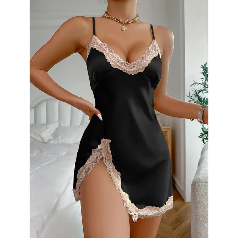 Contrast Lace Satin Nightdress Deep V Backless Lace Up Split Slip Sleep Dress Women's Sleepwear