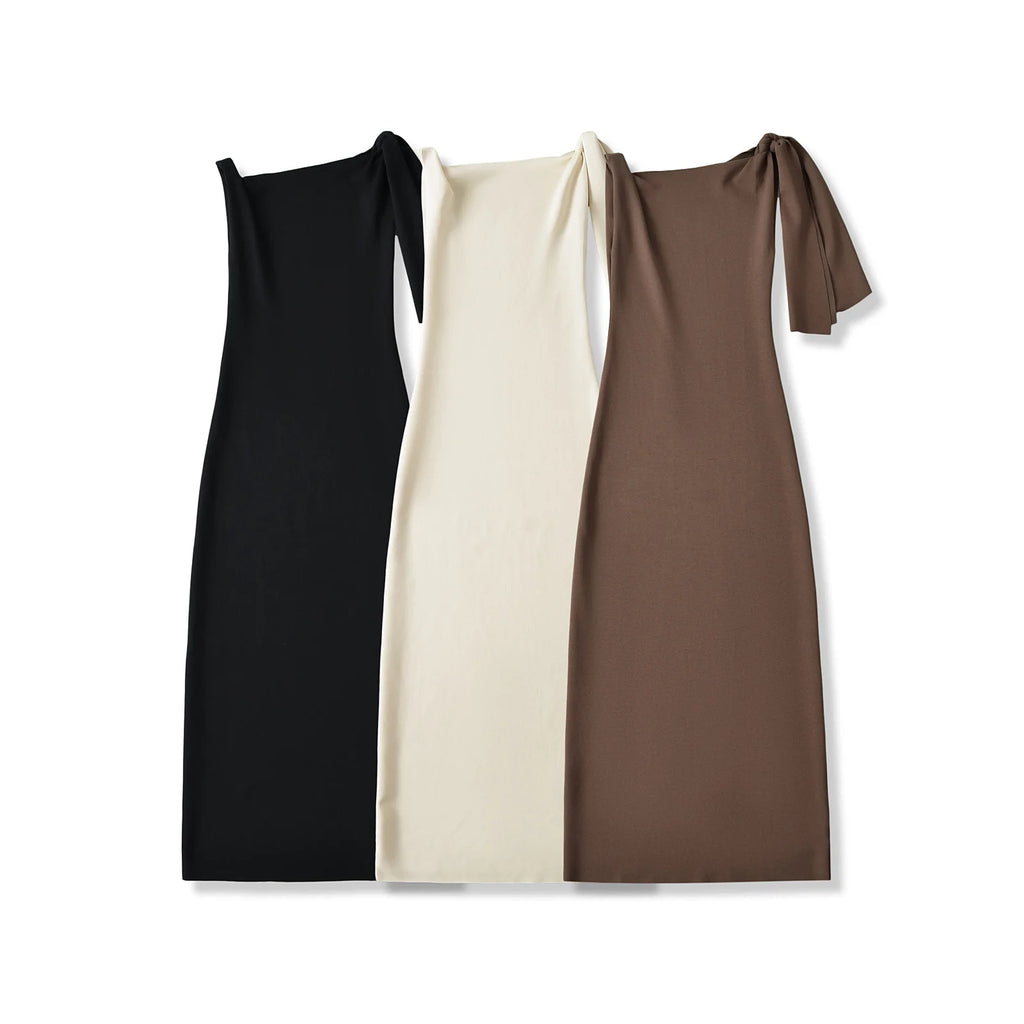 Women BODYCON  Sleeveless ONE-SHOULDER TIE RAW-CUT EDGES Sueded Stretch Knotted Maxi Dress