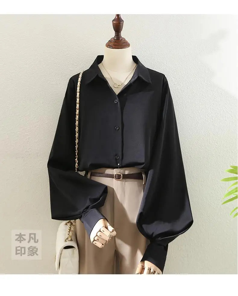 Blouses Tops Women White Black Long Lantern Sleeve Office Lady Temperament Autumn Winter Basic All-match Design Chic Female New