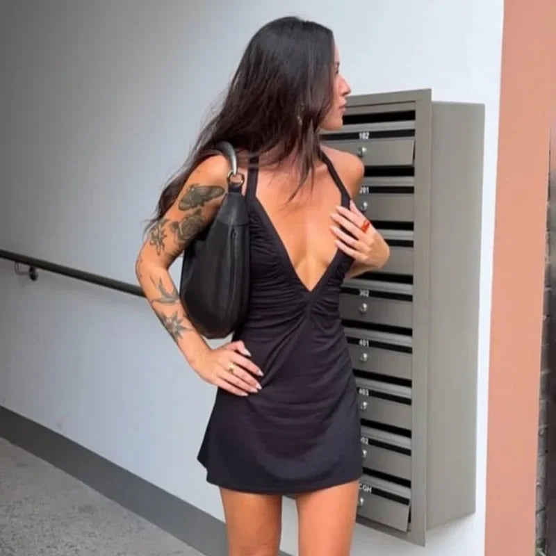 V-Neck Ruched Mini Dress