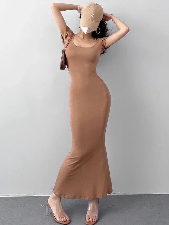 Long Dresses Women Solid Simple Elegant Partywear Gentle Trumpet Vestidos Slim French Vintage Night Club Temper Womens Daily