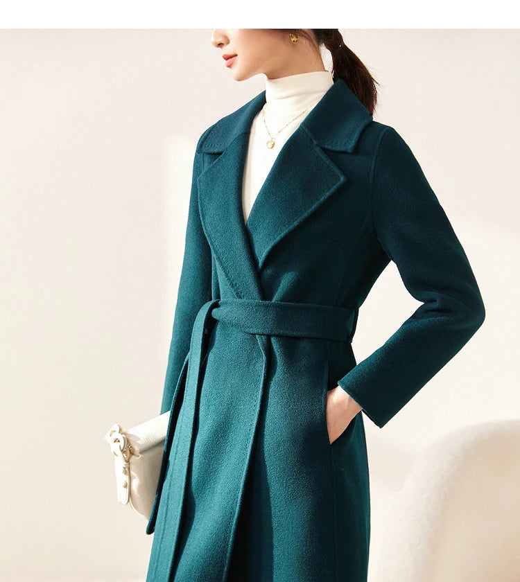 SENTUBILA Women 100% Wool Long Wrap Coat 2025 Elegant Notched Collar Belted Warm Double Faced Woolen Winter Overcoat W24O43352