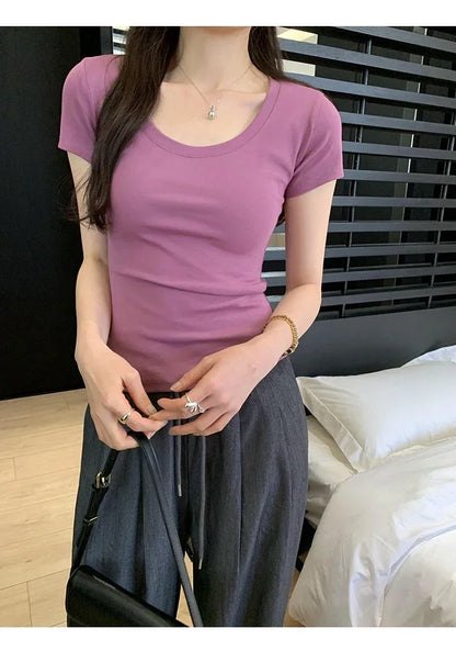 Femme 2025 Summer Casual Cotton T Shirt For Women Short Sleeve Tshirts Fashion Womens Clothing Slim Basic O Neck Y2K Tee Shirt