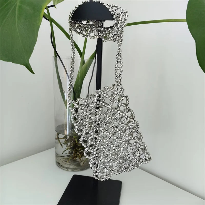 2022 Summer Silver Acrylic Hand-woven Beaded Bag Hollow Out Handmade Mobile Phone Messenger Bag Vertical Small Square Bag