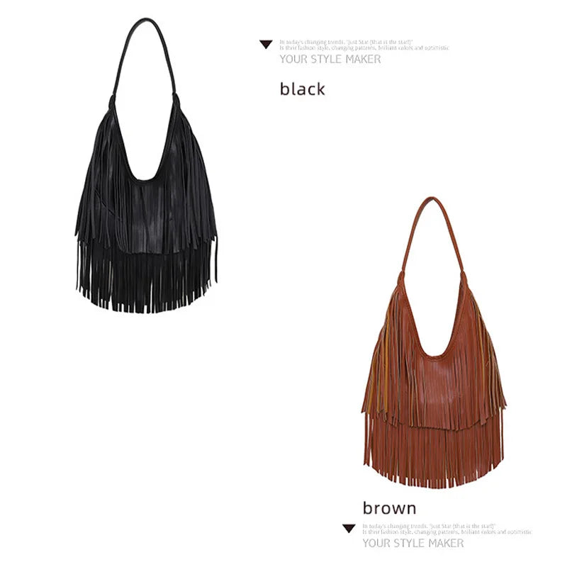 Tassel Large Capacity Brand Tote Bag Black Leather High Quality Luxury Fashion Women Shoulder Bag Soft Casual Hobos Armpit Bag