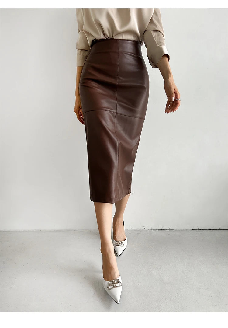 New Fashion Pu Leather Skirt Women Fashion Autumn High Waist Slim Split Wrapped Hip Pencil Skirts Elegant Office Lady Jupe