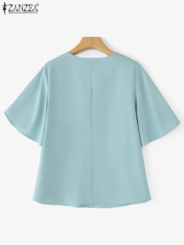 Elegant Office Women Blouses 2025 ZANZEA Stylish Short Ruffled Sleeve Solid Tunic Shirt Female Work OL Tops Casual V Neck Blusas