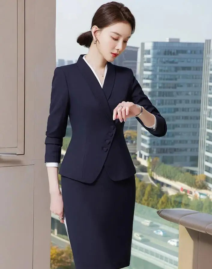 New Skirt Sets Long Sleeve Blazer Skinny Skirt 2 Piece Formal Women's Suit Sets for Business Navy Blue Apricot Work Uniform