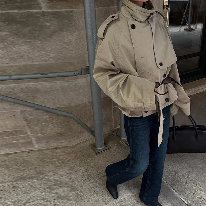 Retro Casual Double Breasted Short Trench Coat For Women Solid Stand Collar Lace Up Versatile Coat 2025 Autumn Lady Outerwears