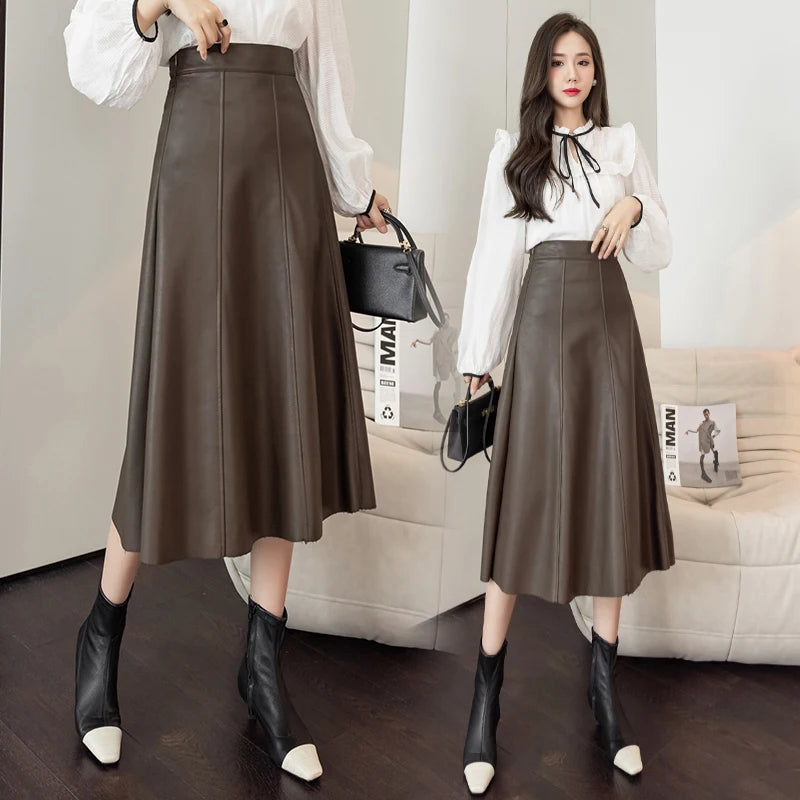 Leather Skirt Women 2025 Autumn Winter New Arrival High Waist PU Skirt Korean Style Maxi A Line Skirt For Women Hot Sale