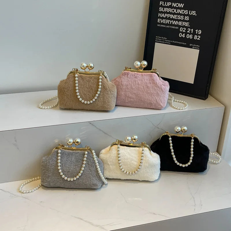 High-end Beaded Fashion Women's Bag Autumn Personality Trendy Evening Bag Plush Handbag Shoulder Crossbody Bag