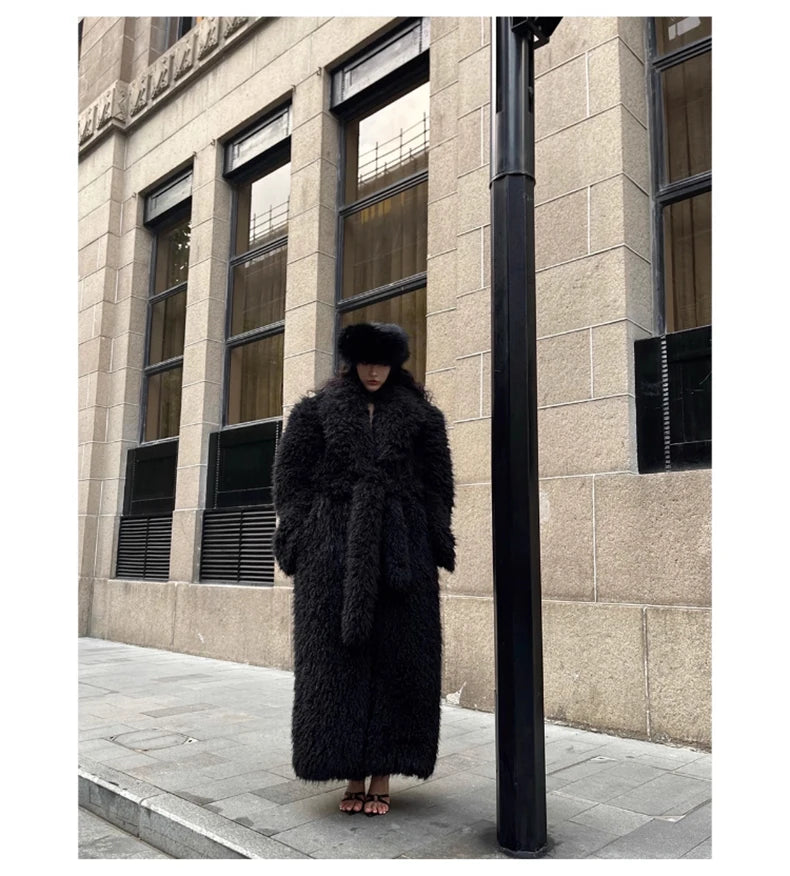 Lautaro Winter Extra Long Soft Thick Warm Fluffy Black Fuzzy Shaggy Hairy Faux Fur Coat Women Sashes Luxury Furry Overcoat 2023