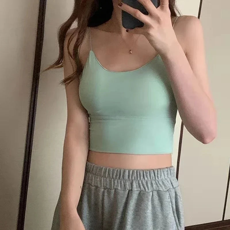 Women Summer Vest Tops Sleeveless Cotton Bustier with Pads Soft Elastic Wear-resistant Vest Crop Top Seamless Bralette Tees