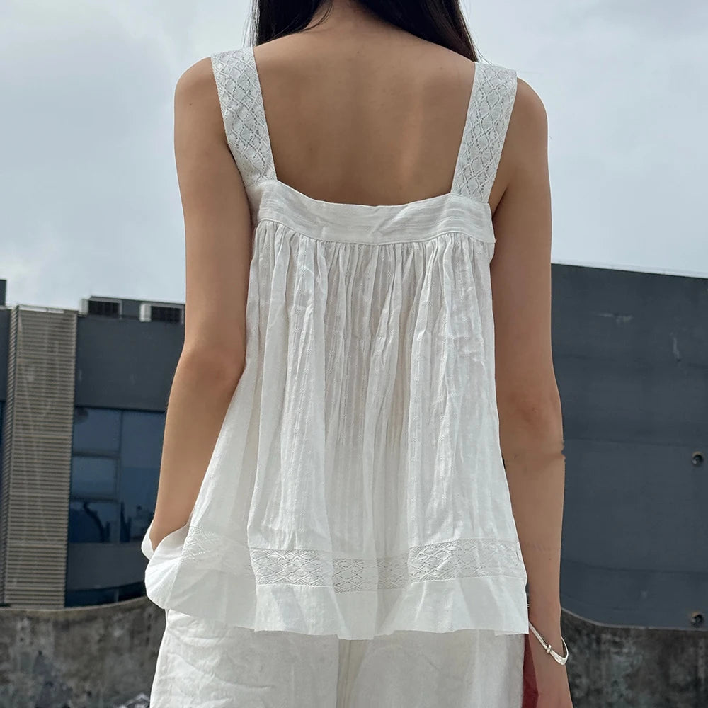 Women Kawaii Cottage Lace Ruffle Trim Tank Top Fairycore Sexy Button Front Square Collar Sleeveless Going Out Camis Boho Vest