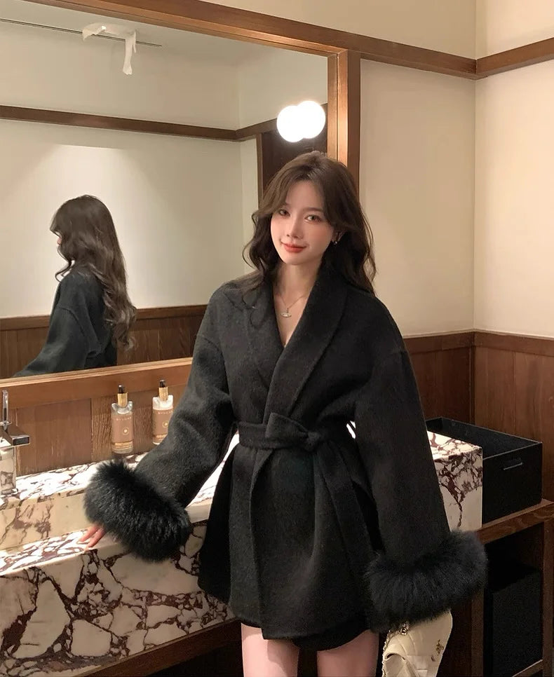 Solid Faux Fur Patchwork Woolen Coat Women Elegant Lace Up Lapel Long Sleeve Short Jacket Lady 2025 Winter Daily Street Outwear