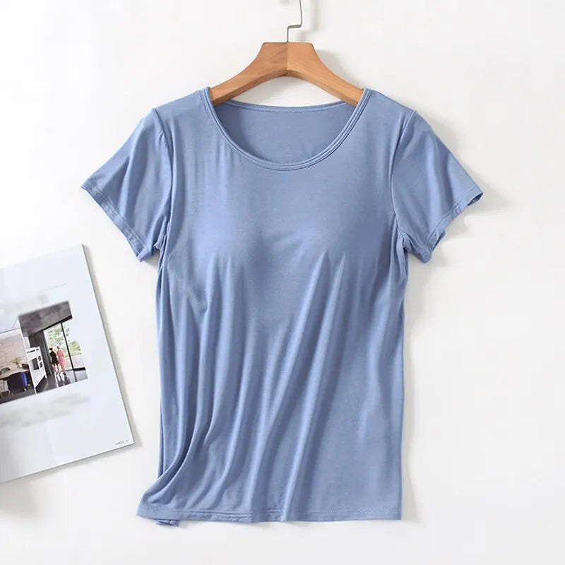 Women's T-Shirt with Chest Pad Tops  One-Piece Bra Cup Slim T Shirt Female Summer Top Bottoming Shirts Home Wear Women Pajamas