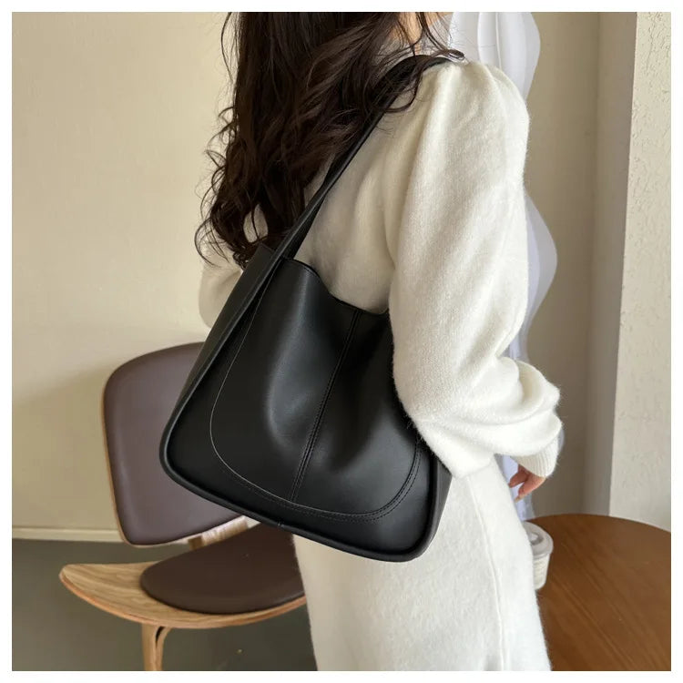 Women's Retro Tote - High-Quality Solid Color, Minimalist Large-Capacity Commuter Handheld/Single-Shoulder
