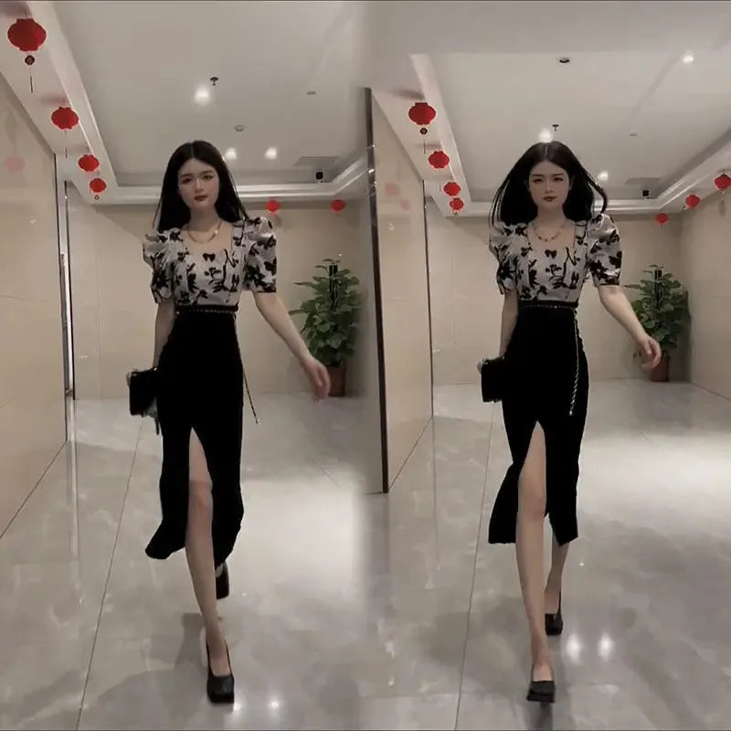 Skirt Suits Women's Two Piece Set Short Sleeve Long Maxi Sexy Female Outfits Slit Party Jacket Vacation 2025 Top and Bottom Full