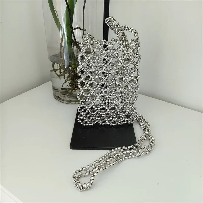 2022 Summer Silver Acrylic Hand-woven Beaded Bag Hollow Out Handmade Mobile Phone Messenger Bag Vertical Small Square Bag