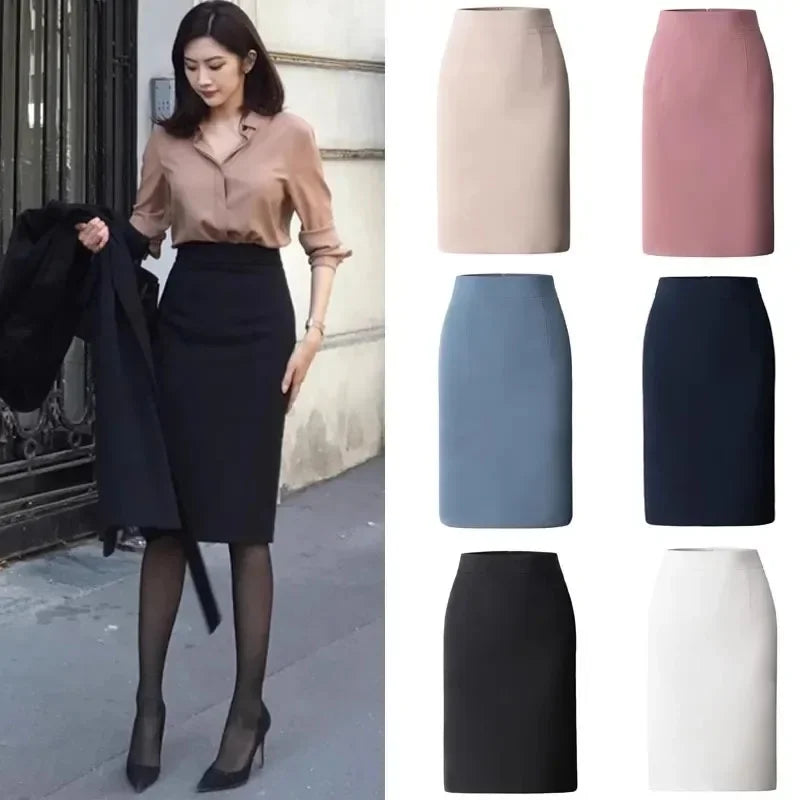 Elegant High Waisted Office Lady Pencil Skirt Korean Fashion Slim Fit Package Hip Midi Skirts Women Solid Color All-match Skirts